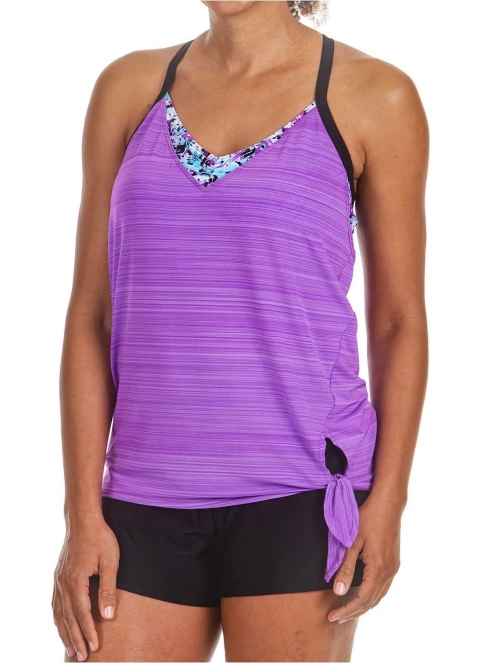 ZEROXPOSUR Purple Striped Tie-Side Tankini Top